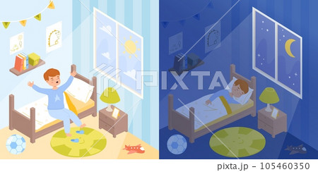 Sleep and wake up boy in bedroom. Kid at early morning, sweet dreams at night. Daily schedule, child healthy sleeping and rest snugly cartoon vector scene 105460350