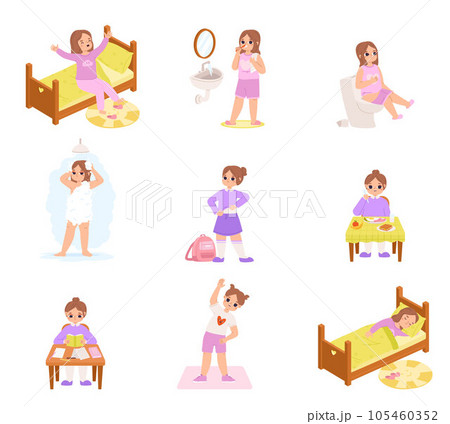 Active girl daily routine. Day schedule and activities kid, morning and evening. Everyday hygiene habits, dress up preschool snugly vector child 105460352