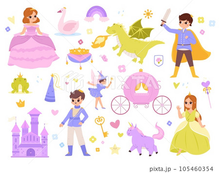 Magic princess world, knights and castle. Princesses and fairy lady with wand, wonder unicorn and prince frog. Kids fantasy snugly vector clipart Magic princess world, knights and castle. Princesses and fairy lady with wand, wonder unicorn and prince frog. Kids fantasy snugly vector clipart 105460354