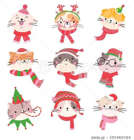 Cats christmas faces in holiday outfits. Cat avatars in santa hats and scarves. Xmas childish stickers, winter funny animals nowaday vector clipart Cats christmas faces in holiday outfits. Cat avatars in santa hats and scarves. Xmas childish stickers, winter funny animals nowaday vector clipart 105460384