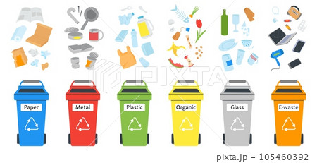 Waste separated in different bins. Organic materials, disposable item and paper trash. Garbage recycle management, containers decent vector info 105460392