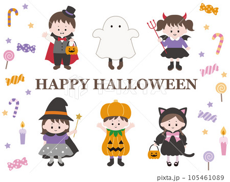 かわいいハロウィンの仮装の子供達とお菓子のベクターイラストセット 105461089