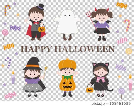 かわいいハロウィンの仮装の子供達とお菓子のベクターイラストセット 105461089