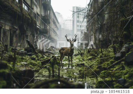 苔むした廃墟と鹿 苔むした廃墟と鹿 105461518