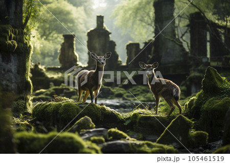 苔むした廃墟と鹿 苔むした廃墟と鹿 105461519