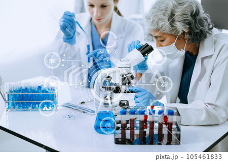 Scientist two woman with tablet and laptop, laboratory and ecofriendly science. Agriculture, research and scientists with online reading, test samples for global warming, analytics and tech. with Scientist two woman with tablet and laptop, laboratory and ecofriendly science. Agriculture, research and scientists with online reading, test samples for global warming, analytics and tech. with 105461833