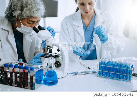 Scientist team meeting and writing analysis results in the laboratory study and analyze scientific sample for global warming, analytics and tech.. Scientist team meeting and writing analysis results in the laboratory study and analyze scientific sample for global warming, analytics and tech.. 105461943