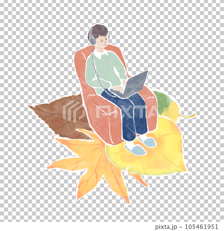 Person working on a laptop_headphones_sofa_fallen leaves 105461951
