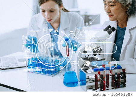 Scientist two woman with tablet and laptop, laboratory and ecofriendly science. Agriculture, research and scientists with online reading, test samples for global warming, analytics and tech. with 105461987
