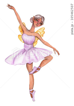 Cartoon fairy in lavender dress with magic wings. Watercolor hand drawn illustration. Design for baby shower party, birthday, cake, holiday celebration design, greetings card, invitation. 105462507