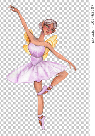 Cartoon fairy in lavender dress with magic wings. Watercolor hand drawn illustration. Design for baby shower party, birthday, cake, holiday celebration design, greetings card, invitation. 105462507