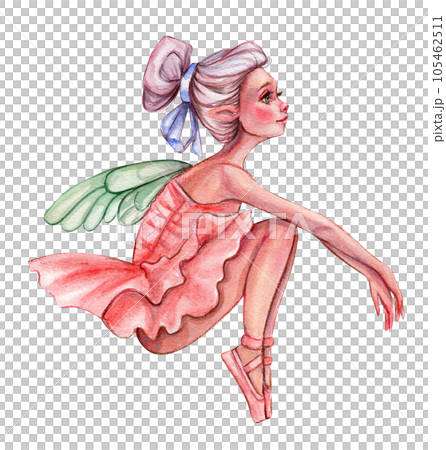 Cartoon fairy in blue dress with magic wings. Watercolor hand drawn illustration. Design for baby shower party, birthday, cake, holiday celebration design, greetings card, invitation. 105462511