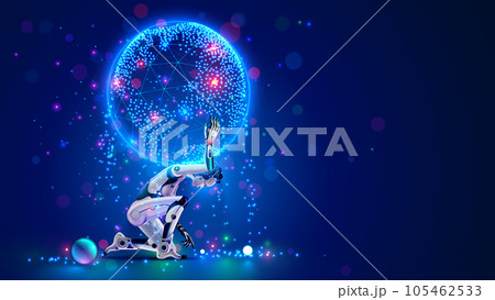 AI saves the world from apocalypse. Robot woman holds on the shoulders globe. Artificial intelligence saves nature and humanity from disaster. AI trying to save civilization from the end of the world. 105462533