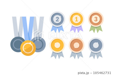 Gold, silver and bronze medals. Metal awards, winner badges for first, second and third places. 1st, 2nd and 3d prizes in competition 105462731