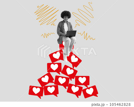 Collage where girl blogger sits on pile of likes. Blogging and storytelling. 105462828