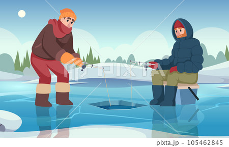Winter fishing. Male characters with fishing rod catching fish in winter season. Vector cartoon outdoor landscape 105462845