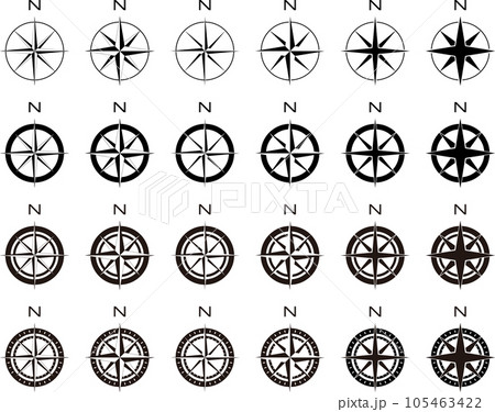 モノクロの方角アイコン・コンパス(方位磁石)のベクターイラストセット モノクロの方角アイコン・コンパス(方位磁石)のベクターイラストセット 105463422
