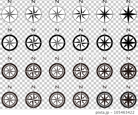 モノクロの方角アイコン・コンパス(方位磁石)のベクターイラストセット モノクロの方角アイコン・コンパス(方位磁石)のベクターイラストセット 105463422