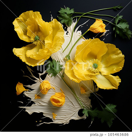 pattern of yellow flowers on a black background. Watercolor floral illustration. 105463686