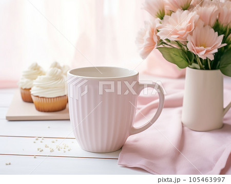 on table cup of coffee with cake and flowers on table cup of coffee with cake and flowers 105463997