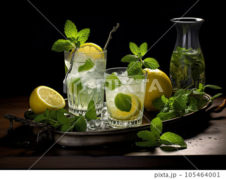 lemon and mint drink served with elegance. lemon and mint drink served with elegance. 105464001