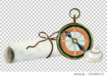 Watercolor vintage pocket compass with paper scroll and seashell. Nautical hand drawn navigation element illustration isolated on white background 105464117
