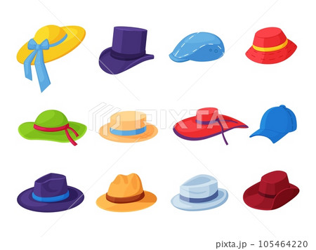 Cartoon hats, head accessories male and female. Isolated hat, cap and beret. Man vintage gentlemen cylinder. Different fashion nowaday vector clipart Cartoon hats, head accessories male and female. Isolated hat, cap and beret. Man vintage gentlemen cylinder. Different fashion nowaday vector clipart 105464220