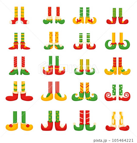 Elves legs, christmas dwarf feet in pants and shoes. Fun elf leg, cute cartoon gnomes elements. Isolated holiday xmas decorative nowaday vector set 105464221
