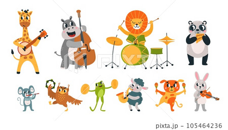 Performing animal musician party. Funny animals play music concert. Musical instruments, cartoon wildlife musicians, zoo classy vector characters 105464236