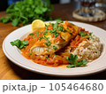 Spanish dish of rice and chicken stew with cod flageolet. 105464680