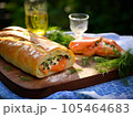 smoked salmon toast with egg and avocado. 105464683