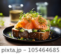 smoked salmon toast with egg and avocado. 105464685