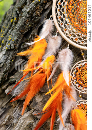 Handmade dream catcher with feathers threads and beads rope hanging 105465014