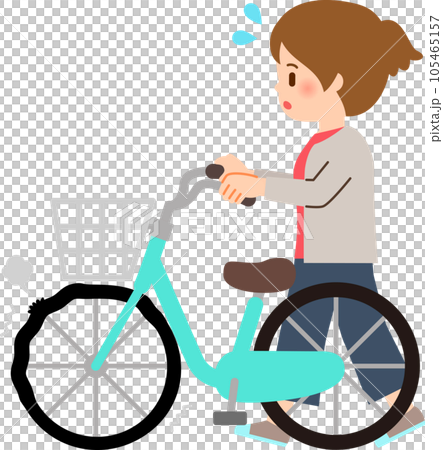 Woman pushing a punctured bicycle Woman pushing a punctured bicycle 105465157