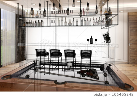 pool table with counter bar in relax room, 3d rendering wire frame 105465248