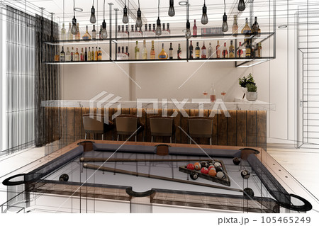 pool table with counter bar in relax room, 3d rendering wire frame pool table with counter bar in relax room, 3d rendering wire frame 105465249