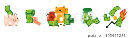 Cartoon money compositions. Dollars and cents. Banknote with golden coins. Currency stack. Piggy bank. Maneki neko. Burning cash. Financial savings or investment. Garish vector concept Cartoon money compositions. Dollars and cents. Banknote with golden coins. Currency stack. Piggy bank. Maneki neko. Burning cash. Financial savings or investment. Garish vector concept 105465281