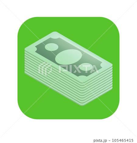 Vector green paper dollars banknote stack isolated on green background. Isometric Dollar stack icon design template. Money icon and label 105465415