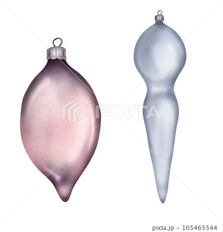 Christmas glass balls blue and pink color digital watercolor style illustration isolated on white. Set of New year decorations for conifer tree hand drawn. Design for invitation, holiday card, print 105465544