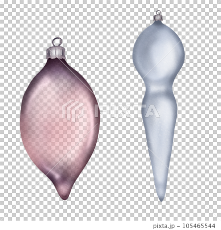 Christmas glass balls blue and pink color digital watercolor style illustration isolated on white. Set of New year decorations for conifer tree hand drawn. Design for invitation, holiday card, print 105465544