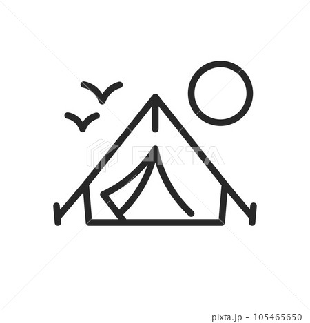 Triangle Tent Camping Icon. Vector Linear Illustration of a Hiking Tent Set up in Nature on a Sunny Day. Outdoor Camping Gear and Equipment Symbol for Adventure and Exploration. 105465650