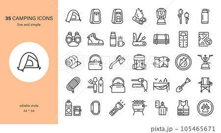Camping and Hiking Icon Set. From Camp Tent, Axe, Stove and backpack to portable toilet canner food and Marshmallows. Outdoor Adventure and Forest or Mountain Exploration Vector Icons Collection. 105465671