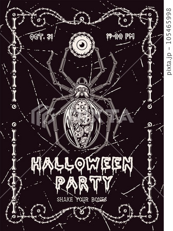 Halloween poster with spider, eye, frame of bones Halloween poster with spider, eye, frame of bones 105465998