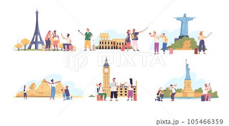 Tourists photo landmarks. People sightseeing, tourist with camera and backpack take picture city architecture, couple travellers selfie in egypt or rome, classy vector illustration 105466359