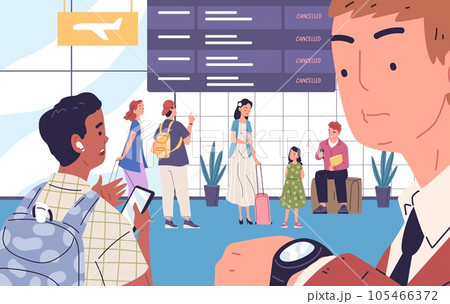 Canceled flights. Frustrated travelers looking flight schedule board of delay airplane departure information, tourists waiting Canceled flights. Frustrated travelers looking flight schedule board of delay airplane departure information, tourists waiting 105466372