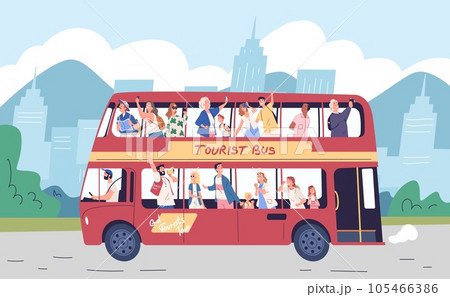 Tourists on bus excursion. Travel tourist group transfer, foreigner london trip or family sightseeing summer travelling city tour speaker landmark guide, classy vector illustration 105466386