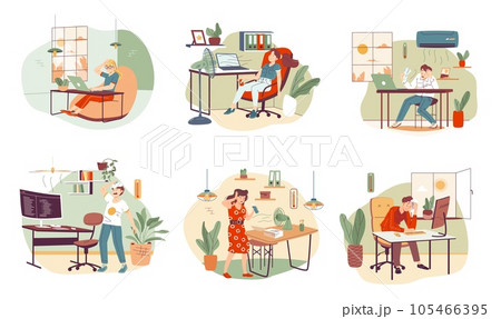 People working in heat. Exhausted employee suffering heatwave of sweltering office, sweating worker on warm workplace difficult work at hot temperature, garish vector illustration People working in heat. Exhausted employee suffering heatwave of sweltering office, sweating worker on warm workplace difficult work at hot temperature, garish vector illustration 105466395