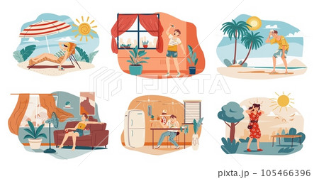 People suffer heat. Heated guys cooling down fan in sweltering house summer sunlight, sweating man woman feeling heatwave dehydration ultraviolet stroke, garish vector illustration 105466396