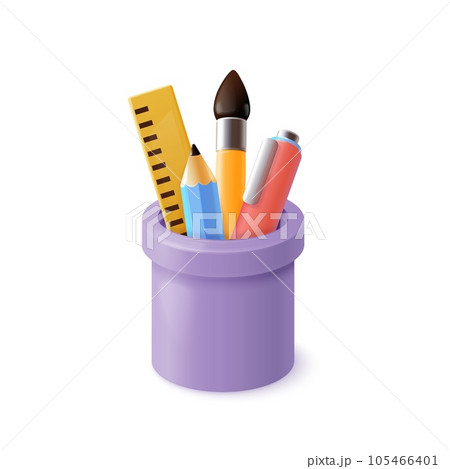 3d pencil cup. Stationery pencils container with office supplies, render school holder case for pen ruler education desk items, realistic isometric exact vector illustration 3d pencil cup. Stationery pencils container with office supplies, render school holder case for pen ruler education desk items, realistic isometric exact vector illustration 105466401