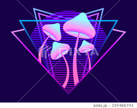 Fluorescent glowing mushrooms at sunset in 80s retro futuristic style. Rave party. Gradient bioluminescent mushroom. Hallucinogenic mushroom on a long stalk. Bioluminescent fungus. Vector illustration Fluorescent glowing mushrooms at sunset in 80s retro futuristic style. Rave party. Gradient bioluminescent mushroom. Hallucinogenic mushroom on a long stalk. Bioluminescent fungus. Vector illustration 105466743